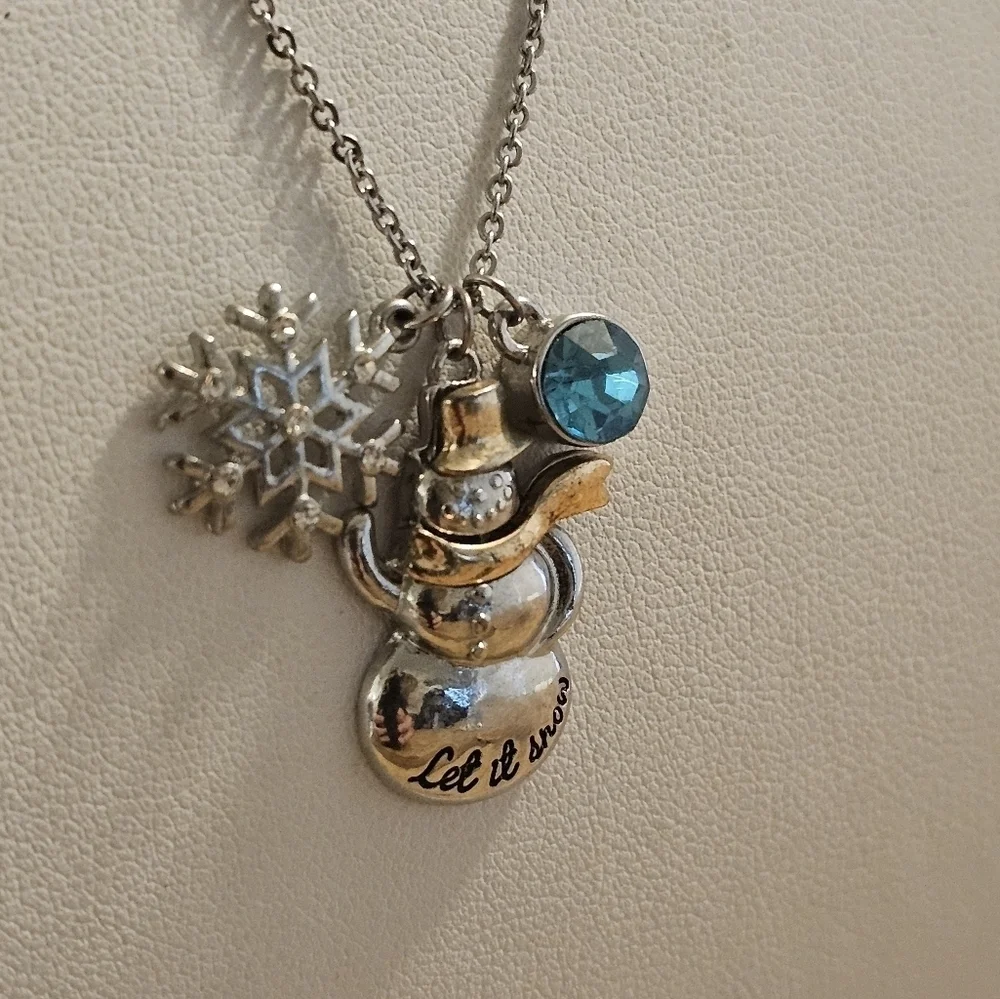 Winter Snowman and Snowflake Pendant Necklace